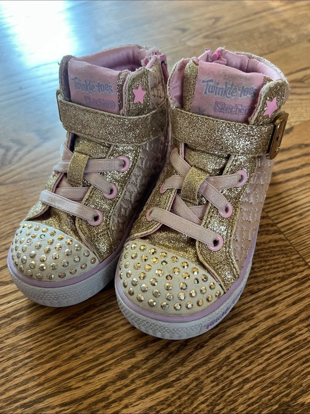 Skechers Twinkle Toes Gold Glitter & Pink High-Top Sneakers for Kids